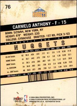 2004-05 Fleer Authentix #76 Carmelo Anthony Back