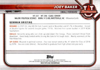 2021-22 Bowman University #54 Joey Baker Back