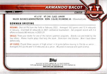 2021-22 Bowman University #71 Armando Bacot Back