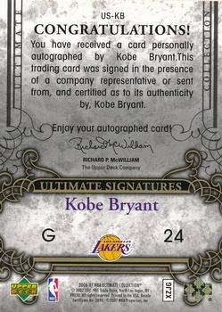 2006-07 Upper Deck Ultimate Collection - Signatures #US-KB Kobe Bryant Back