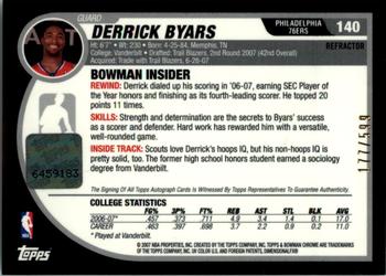 2007-08 Bowman - Chrome Refractors Rookie Autographs #140 Derrick Byars Back