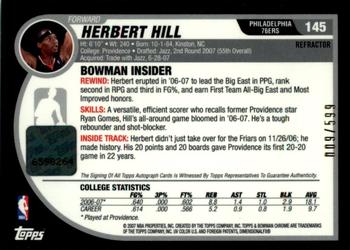 2007-08 Bowman - Chrome Refractors Rookie Autographs #145 Herbert Hill Back