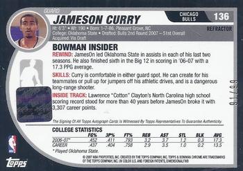2007-08 Bowman - Chrome Refractors Rookie Autographs Black #136 Jameson Curry Back