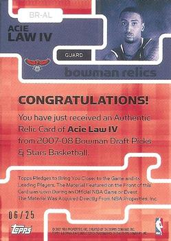 2007-08 Bowman - Relics Triple Silver #BR-AL Acie Law IV Back