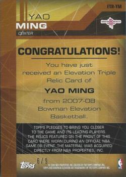 2007-08 Bowman Elevation - Relics Triple Green #ETR-YM Yao Ming Back