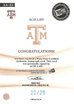 2007-08 Press Pass Legends - All-American Autographs Platinum #AA-AL Acie Law IV Back