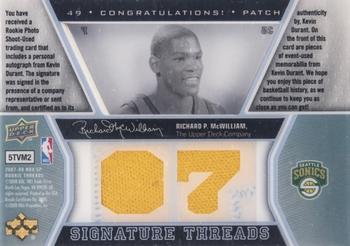 2007-08 SP Rookie Threads - Rookies Signature Threads Silver #49 Kevin Durant Back