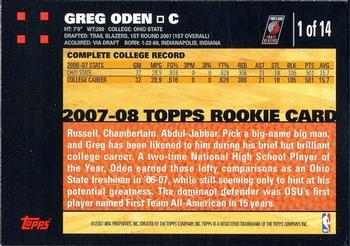 2007-08 Topps - Rookie Set #1 Greg Oden Back