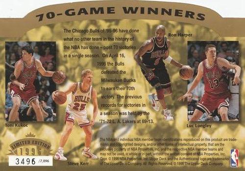 1996 Upper Deck Authenticated Chicago Bulls 70-Game Winners #NNO Chicago Bulls Back