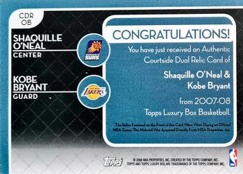 2007-08 Topps Luxury Box - Courtside Dual Relics Gold #CDR-OB Shaquille O'Neal / Kobe Bryant Back