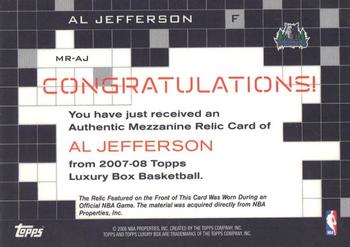 2007-08 Topps Luxury Box - Mezzanine Relics Gold #MR-AJ Al Jefferson Back