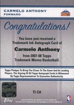 2007-08 Topps Trademark Moves - Ink Blue #TI-CA Carmelo Anthony Back