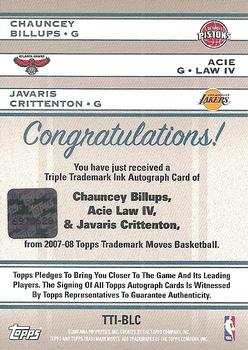 2007-08 Topps Trademark Moves - Triple Ink Orange #TTI-BLC Chauncey Billups / Acie Law IV / Javaris Crittenton Back