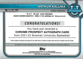 2021-22 Bowman University - Chrome Prospect Autographs #BCPA-AK Arthur Kaluma Back