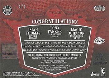 2007-08 Topps Triple Threads - Relics Combos Autographs Press Plates Black #TTCAR2 Isiah Thomas / Tony Parker / Magic Johnson Back