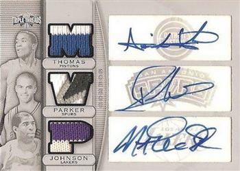 2007-08 Topps Triple Threads - Relics Combos Autographs Press Plates Black #TTCAR2 Isiah Thomas / Tony Parker / Magic Johnson Front