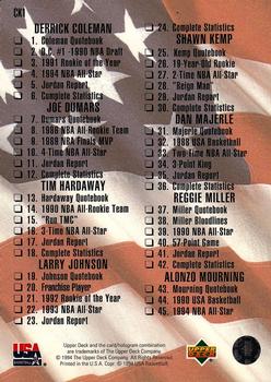 1994 Upper Deck USA - Checklists #CK1 Checklist: 1-45 Back