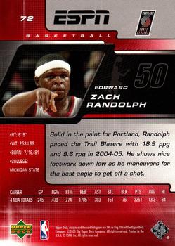 2005-06 Upper Deck ESPN #72 Zach Randolph Back