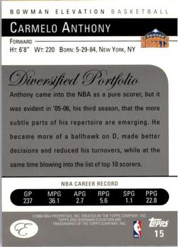 2006-07 Bowman Elevation #15 Carmelo Anthony Back