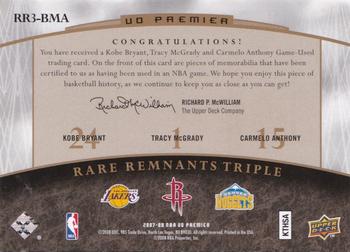 2007-08 Upper Deck Premier - Rare Remnants Triple Gold #RR3-BMA Kobe Bryant / Tracy McGrady / Carmelo Anthony Back