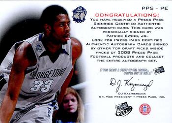 2008 Press Pass - Signings Bronze #PPS-PE Patrick Ewing Jr. Back