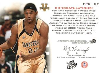 2008 Press Pass - Signings Gold #PPS-SF Shan Foster Back