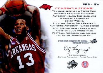 2008 Press Pass - Signings Gold #PPS-SW Sonny Weems Back