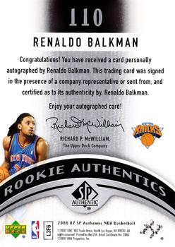 2006-07 SP Authentic #110 Renaldo Balkman Back
