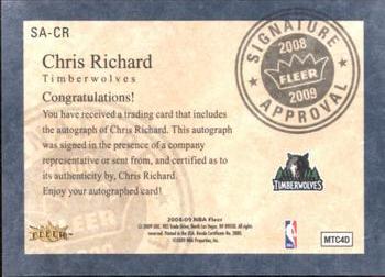 2008-09 Fleer - Signature Approval #SA-CR Chris Richard Back