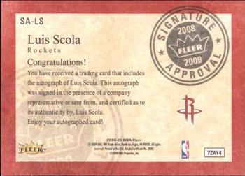 2008-09 Fleer - Signature Approval #SA-LS Luis Scola Back