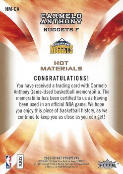 2008-09 Fleer Hot Prospects - Hot Materials #HM-CA Carmelo Anthony Back