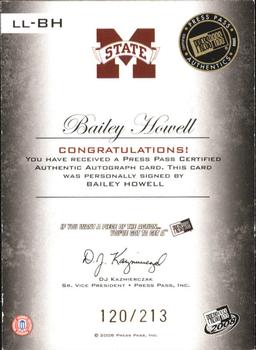 2008-09 Press Pass Legends - Legendary Legacy Autographs #LL-BH Bailey Howell Back