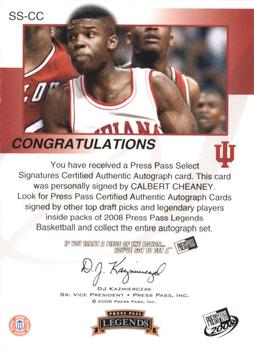 2008-09 Press Pass Legends - Select Signatures #SS-CC Calbert Cheaney Back