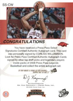 2008-09 Press Pass Legends - Select Signatures #SS-CW Corliss Williamson Back