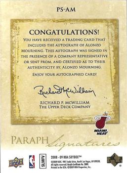 2008-09 SkyBox - Paraph Signatures #PS-AM Alonzo Mourning Back