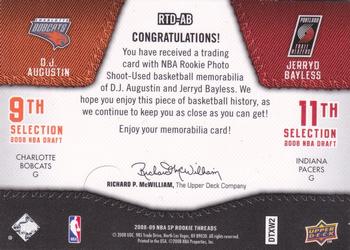 2008-09 SP Rookie Threads - Rookie Threads Dual Patch #RTD-AB D.J. Augustin / Jerryd Bayless Back
