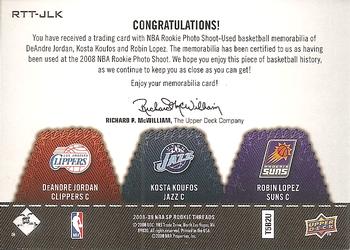 2008-09 SP Rookie Threads - Rookie Threads Triple #RTT-JLK DeAndre Jordan / Kosta Koufos / Robin Lopez Back