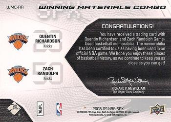 2008-09 SPx - Winning Materials Combos #WMC-RR Quentin Richardson / Zach Randolph Back