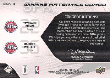 2008-09 SPx - Winning Materials Combos #WMC-WP Tayshaun Prince / Rasheed Wallace Back