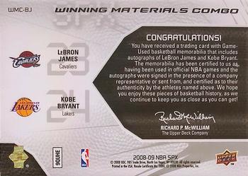 2008-09 SPx - Winning Materials Combos Autographs Jerseys #WMC-BJ Kobe Bryant / LeBron James Back