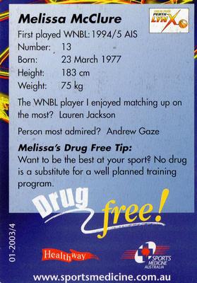 2003-04 Perth Lynx (WNBL) #01-2003/4 Melissa McClure Back