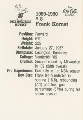 1989-90 Coca-Cola Milwaukee Bucks #NNO Frank Kornet Back