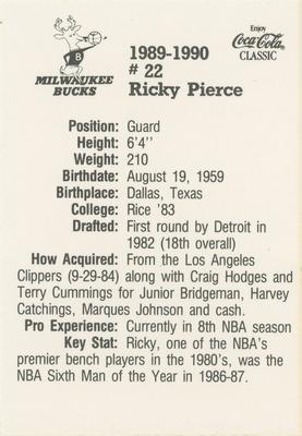 1989-90 Coca-Cola Milwaukee Bucks #NNO Ricky Pierce Back