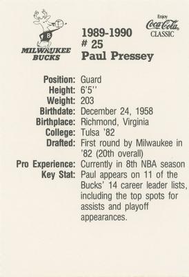 1989-90 Coca-Cola Milwaukee Bucks #NNO Paul Pressey Back