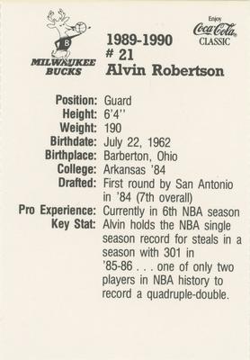 1989-90 Coca-Cola Milwaukee Bucks #NNO Alvin Robertson Back