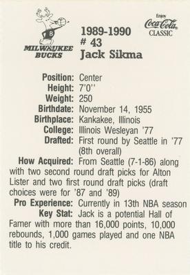 1989-90 Coca-Cola Milwaukee Bucks #NNO Jack Sikma Back