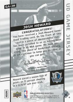 2008-09 Upper Deck - UD Game Jerseys #GA-JH Josh Howard Back