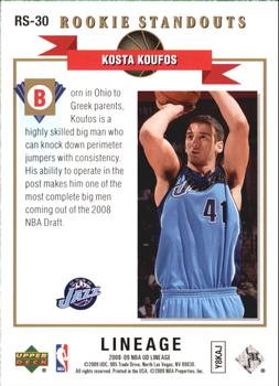2008-09 Upper Deck Lineage - Rookie Standouts #RS-30 Kosta Koufos Back