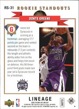 2008-09 Upper Deck Lineage - Rookie Standouts #RS-31 Donte Greene Back