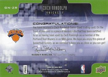 2008-09 Upper Deck MVP - Game Night Souvenirs #GN-ZR Zach Randolph Back